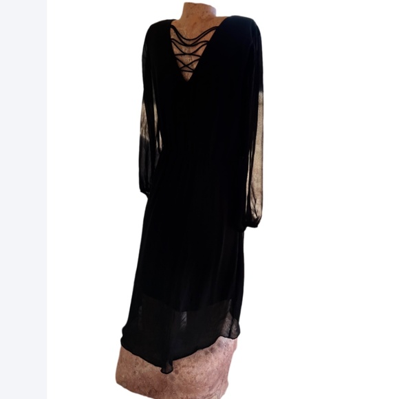 Sheer Lace Up V-Neck Long Sheer Long Sleeve Dress - Picture 6 of 7